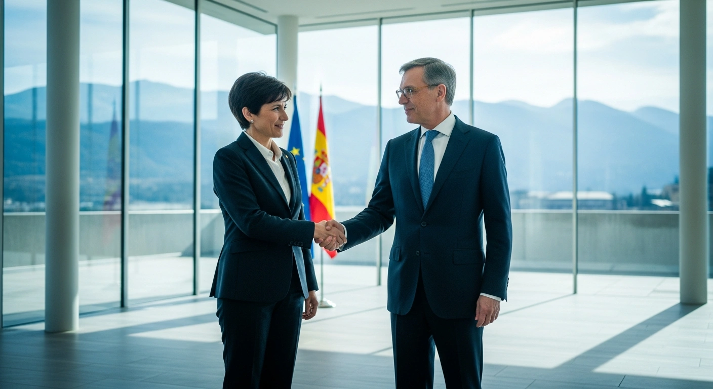 Cyprus Foreign Affairs Minister Constantinos Kombos shakes hands with an Andorran official to signify a new bilateral cooperation agreement.