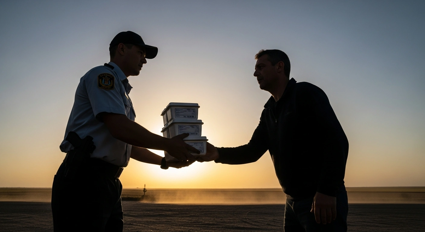 At a dusty border checkpoint at dusk, a figure in a uniform hands over white medical crates containing foot-and-mouth disease vaccines to a civilian, symbolizing the cross-community effort between the Turkish Republic of Northern Cyprus and the Greek Cypriot Administration to combat an FMD outbreak.