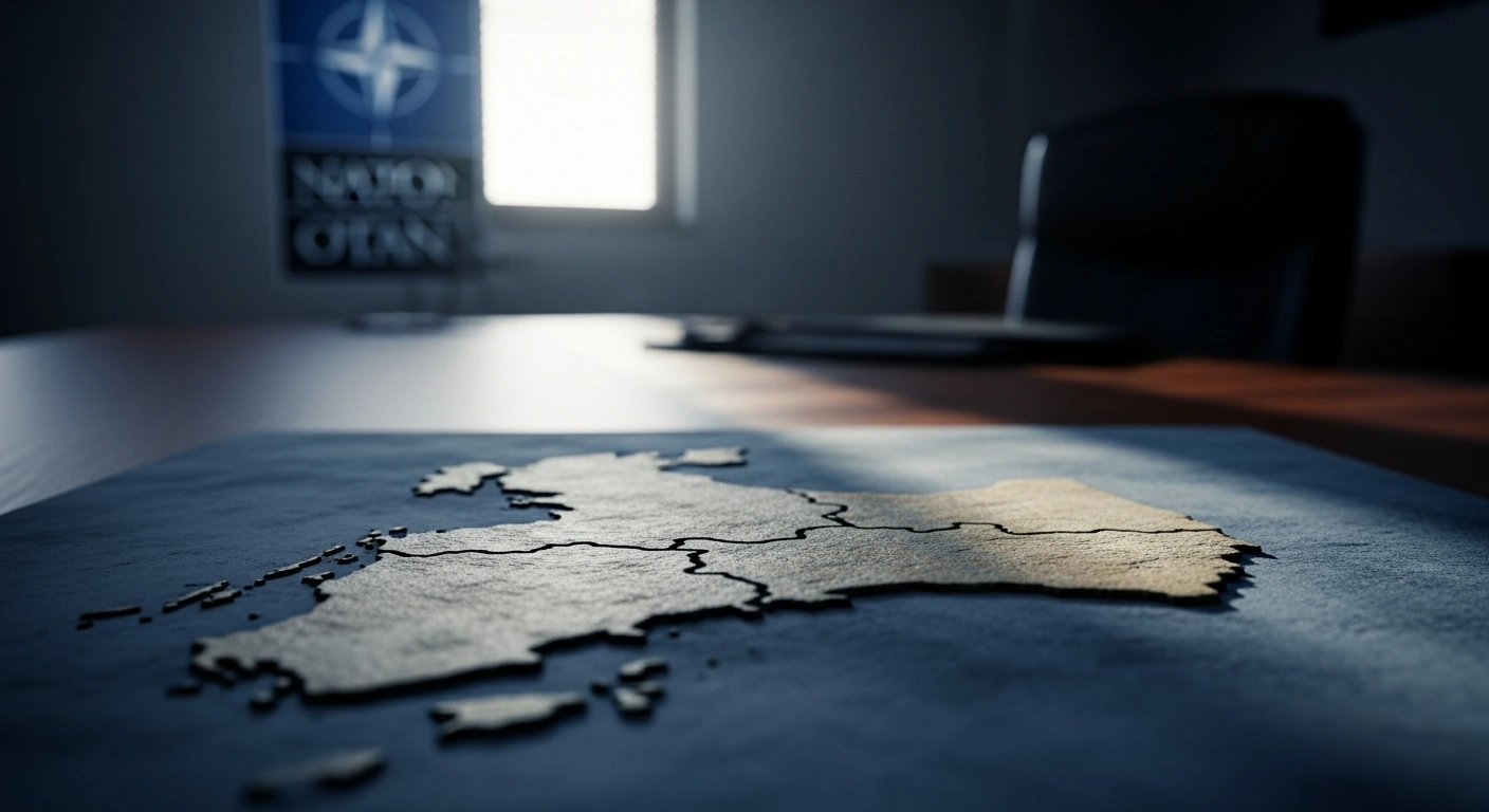 A symbolic representation of the divided island of Cyprus on a desk with a blurred NATO emblem in the background, reflecting the geopolitical tensions regarding potential membership bids.