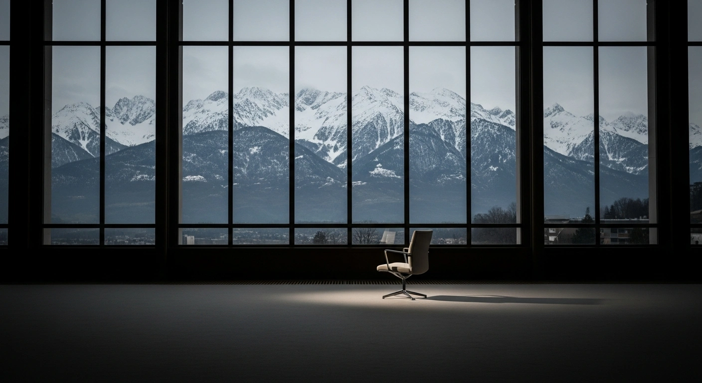 An empty executive chair in a modern office overlooks the snow-capped French Alps, symbolizing the departure of Cyril Linette as CEO of the 2030 French Alps Olympics organizing committee amidst internal turmoil and resignations.