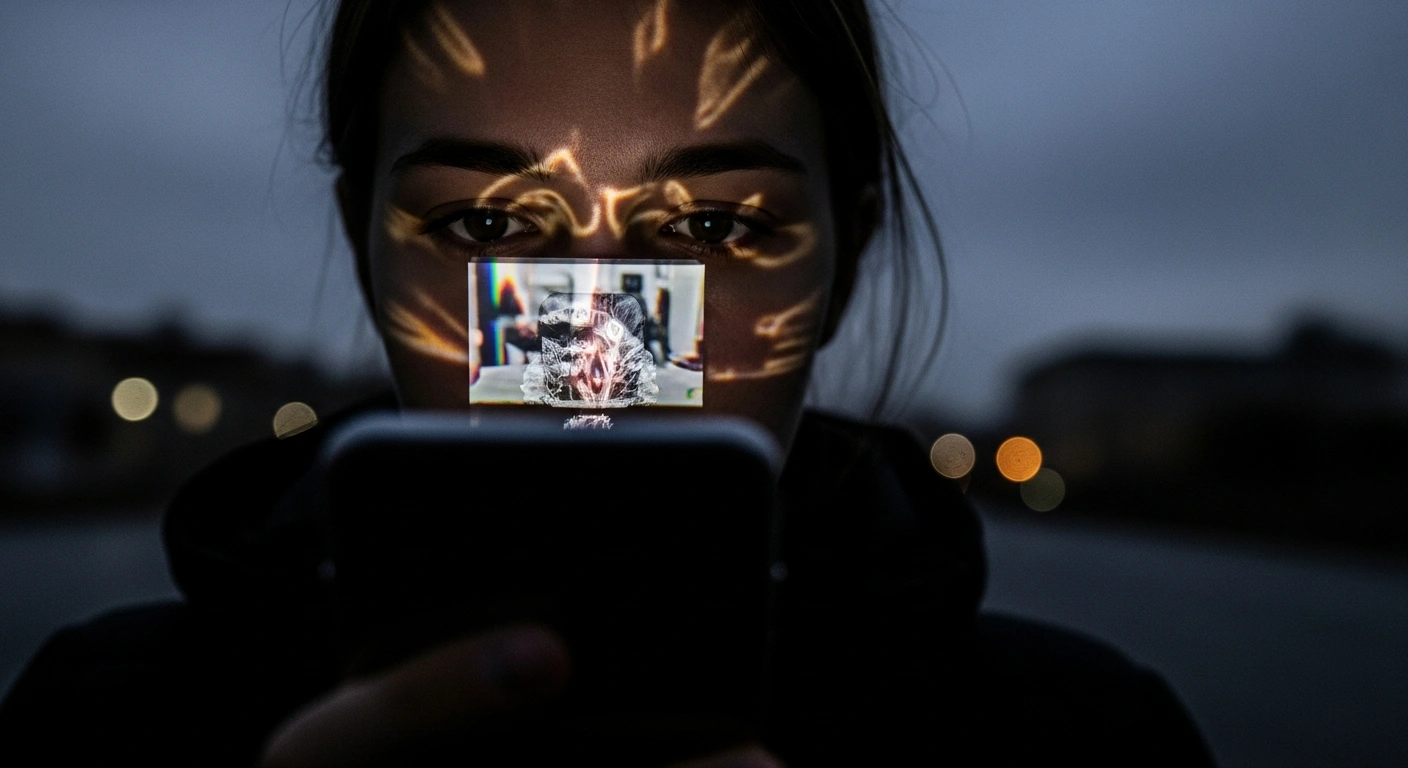 A silhouetted figure is illuminated by the harsh glow of a smartphone screen reflecting disturbing imagery, symbolizing the record increase in antisemitic incidents in the Czech Republic, influenced by online activity and the Middle East conflict.