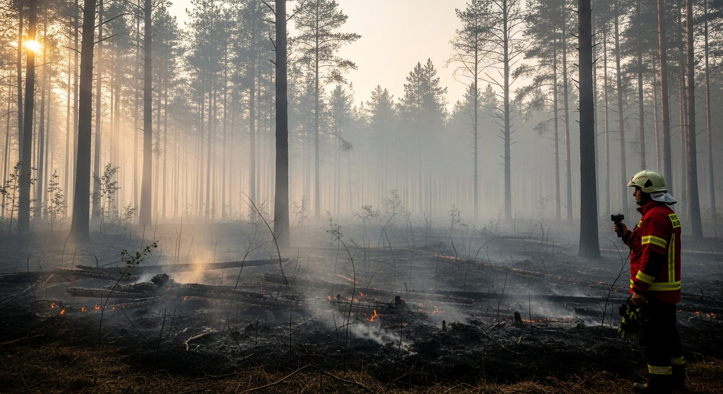 A firefighter monitors smoldering hotspots in a forest near Dolany in the Czech Republic after a wildfire was localized.