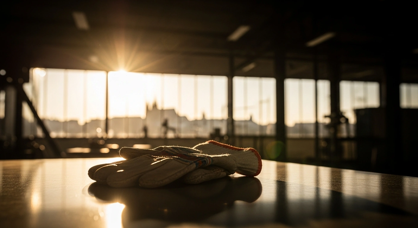 A pair of work gloves sits on a steel table in a Czech workspace, representing the government's plan to increase the national minimum wage by 2025.