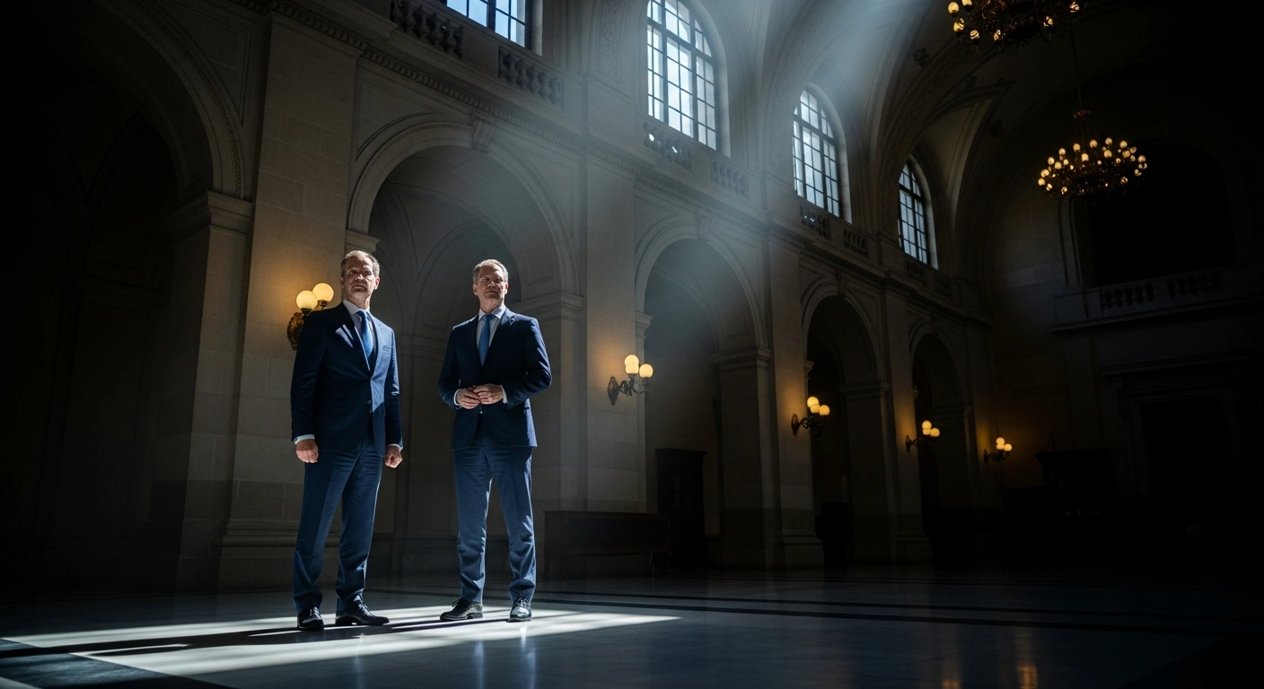 President Petr Pavel and Prime Minister Petr Fiala stand in a formal government hall to discuss the division of foreign policy responsibilities in the Czech Republic.