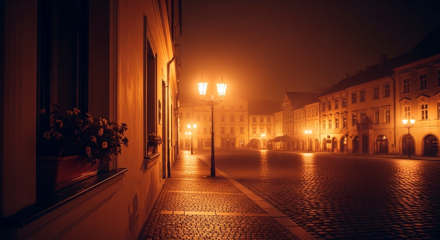 A quiet town square in Bystřice pod Hostýnem, Czech Republic, experiences an intense heatwave with record-breaking overnight temperatures.
