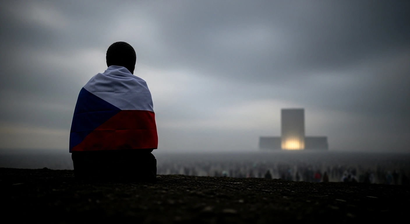 A wide, low-angle shot depicts a solitary, silhouetted figure representing Czechia, standing before a blurred multitude of Ukrainian refugees, gazing towards a distant, imposing architectural silhouette symbolizing the European Union, conveying the nation's substantial burden and request for exemption from the Solidarity Fund.
