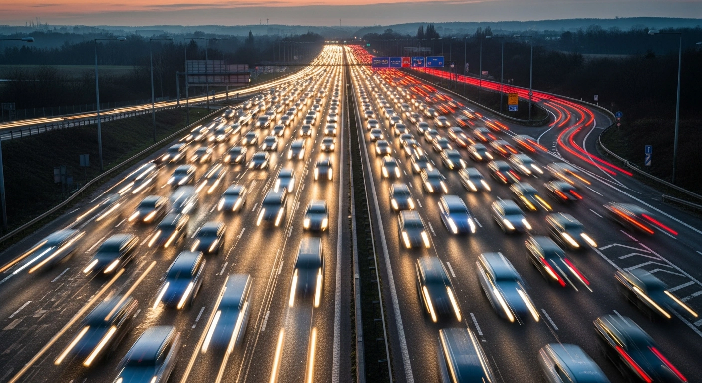 A high-angle view of heavy traffic congestion on the D1 motorway near Prague during sunset, illustrating the high volume of vehicles on the Czech Republic's main transport artery.