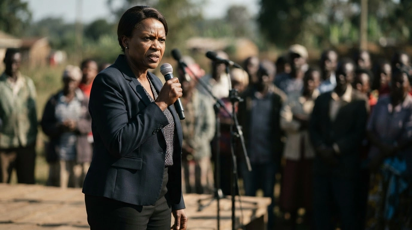 A stern political figure stands before a crowd during a community engagement as the Democratic Alliance files an ethics complaint against Minister Pemmy Majodina.