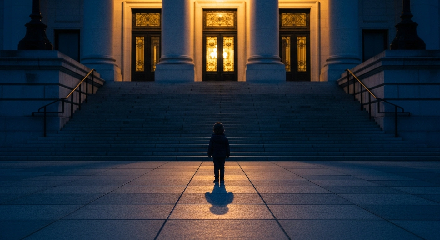 A small child stands alone in front of a large government building, representing the Democratic Alliance's call for the South African Human Rights Commission to address statutory rape and child pregnancy.