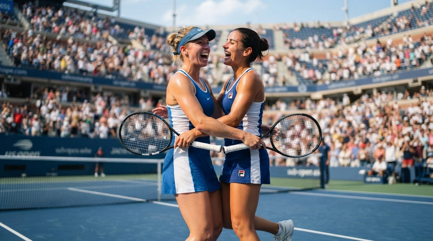 Gabriela Dabrowski and Luisa Stefani celebrate a victory on the tennis court during their women's doubles match at the U.S. Open.
