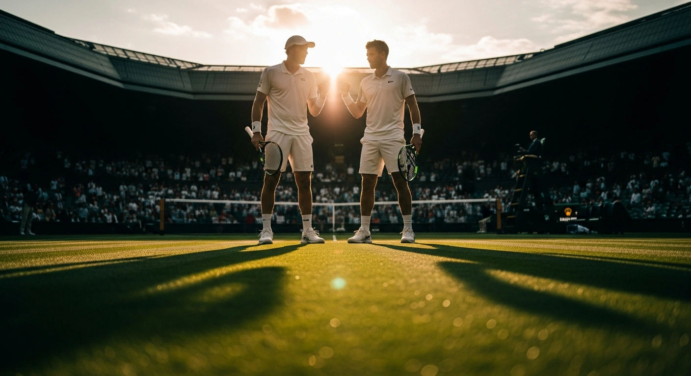 Gabriela Dabrowski and Luisa Stefani stand on the grass court at Wimbledon after securing their spot in the women's doubles final.