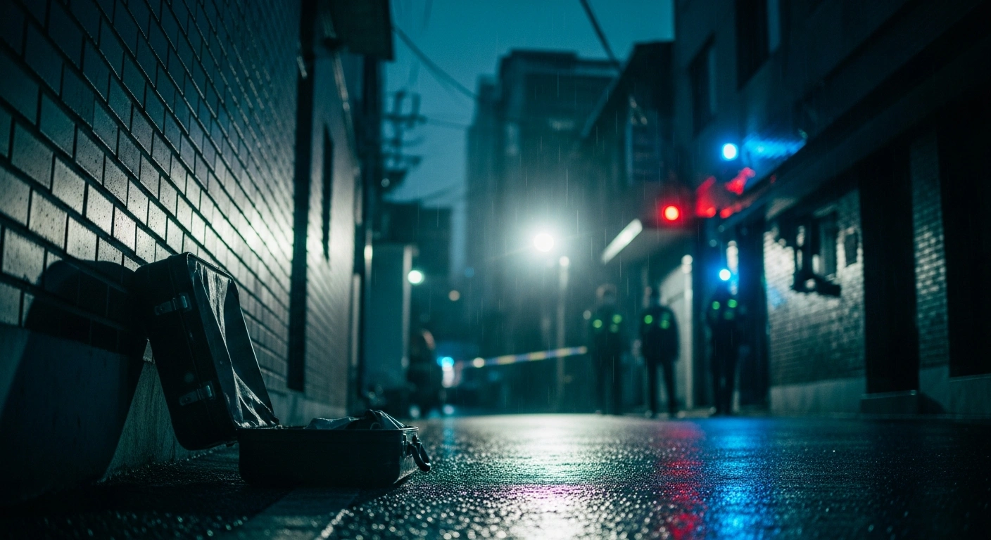 A police investigation scene in Daegu featuring a suitcase found by authorities during a criminal inquiry into a death.