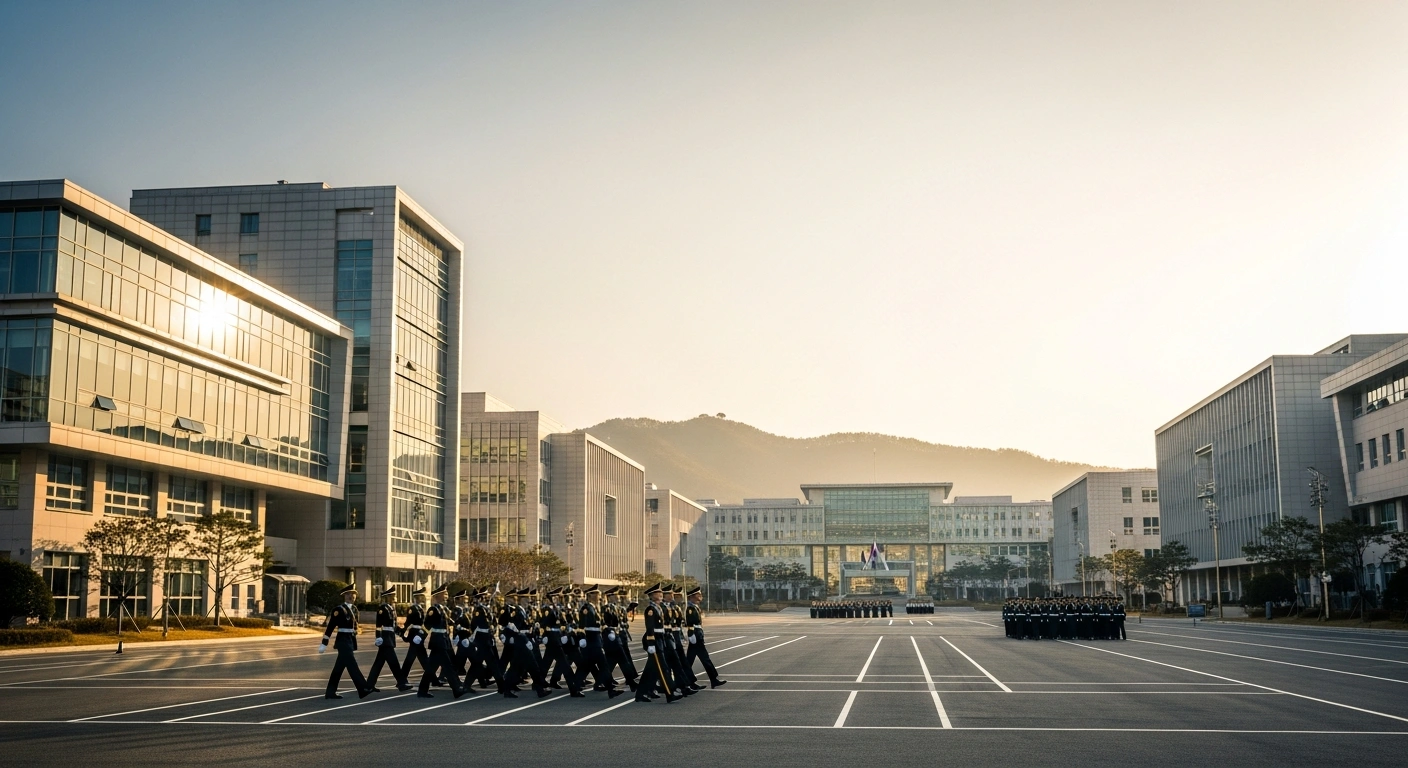 Cadets march in front of a modern military academy building in Daejeon as part of a new unified officer training initiative.