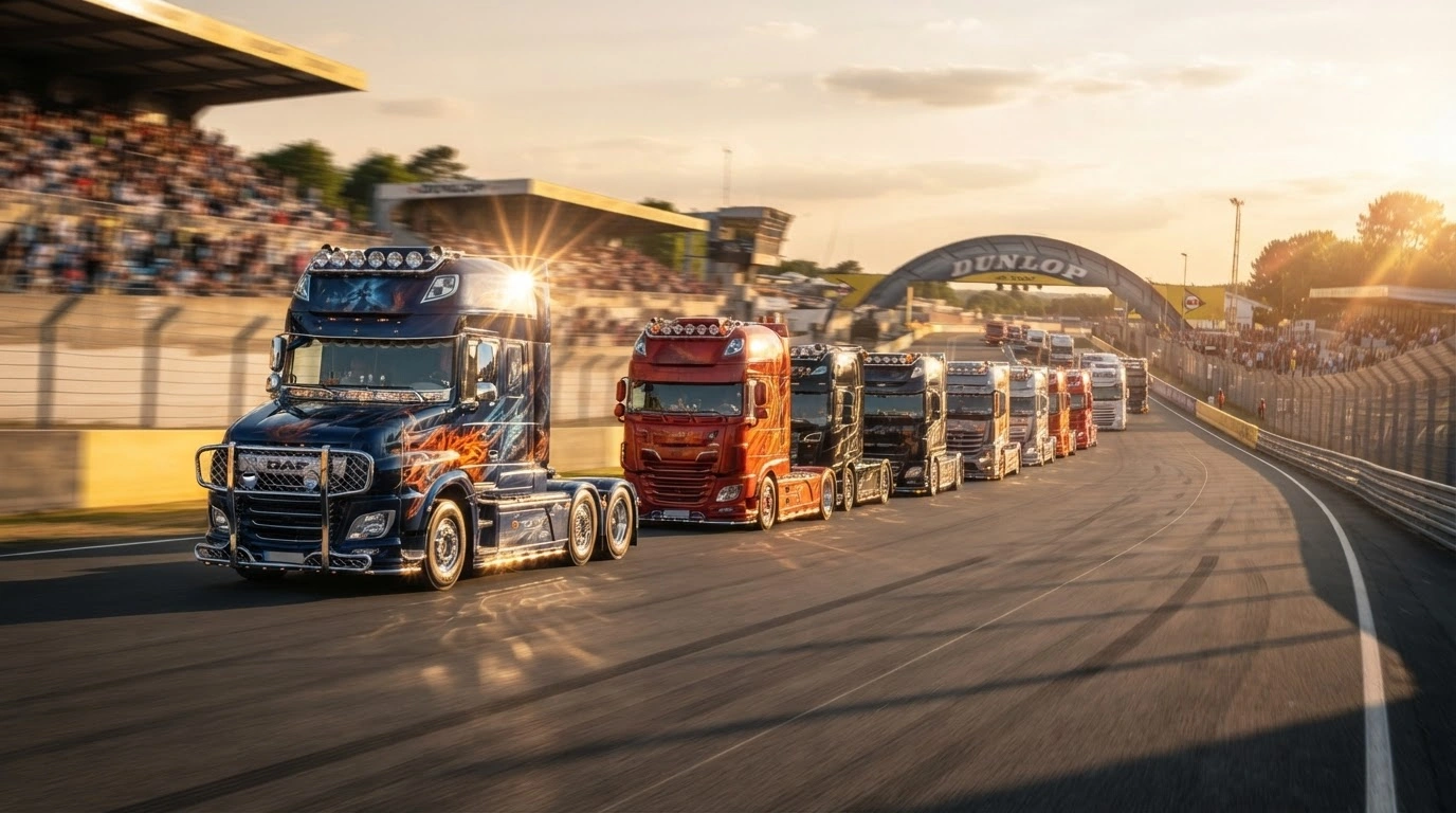 A fleet of custom-prepared DAF trucks participates in a celebratory parade at the Bugatti circuit during the 24H Camions event in Le Mans.