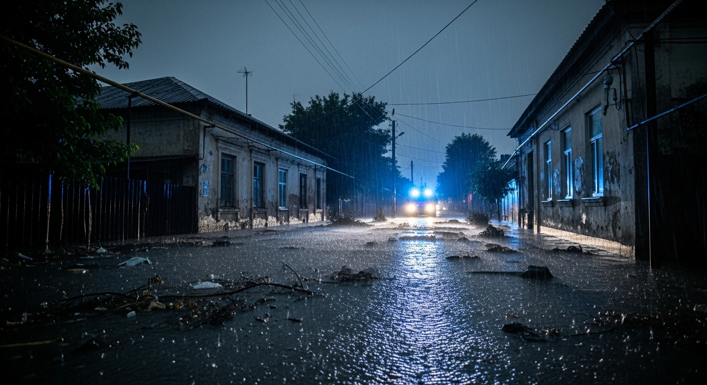Emergency responders navigate a flooded street in Dagestan after torrential rainfall caused widespread power outages and infrastructure damage.