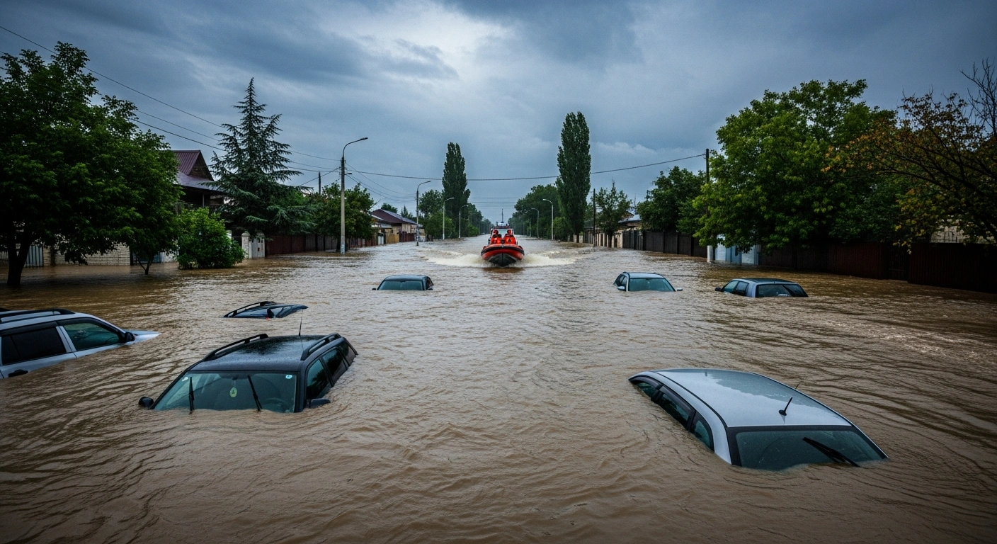 A rescue boat navigates through a flooded residential street in Dagestan following record-breaking rainfall that caused widespread damage to homes and vehicles.