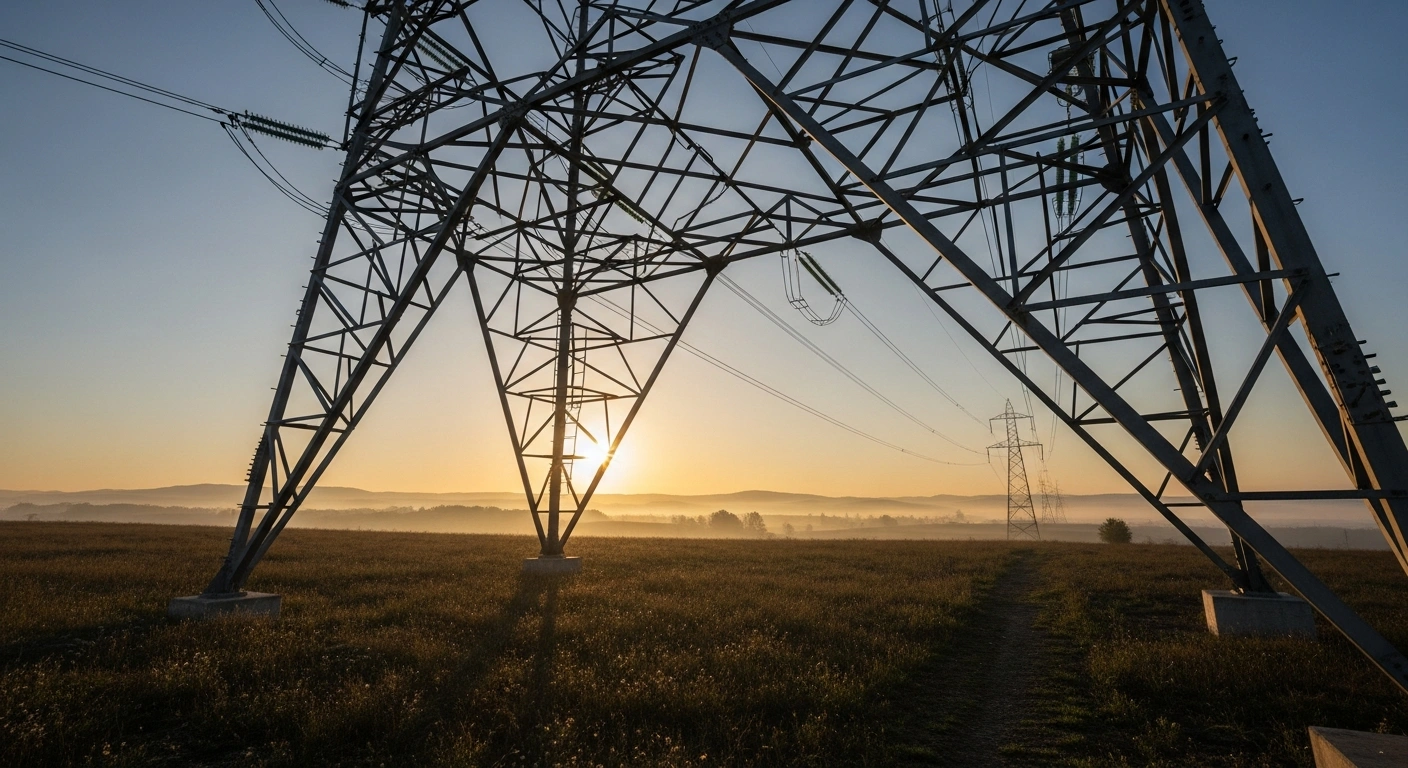 A colossal 400 kV transmission tower stands at dawn, casting long shadows, with its lines extending into the hazy distance towards a subtly different landscape, symbolizing the €19.7 million contract between Dalekovod and MEPSO for a transmission line connecting Bitola 2 to the Albanian border, aiming for regional power stability by mid-2028.