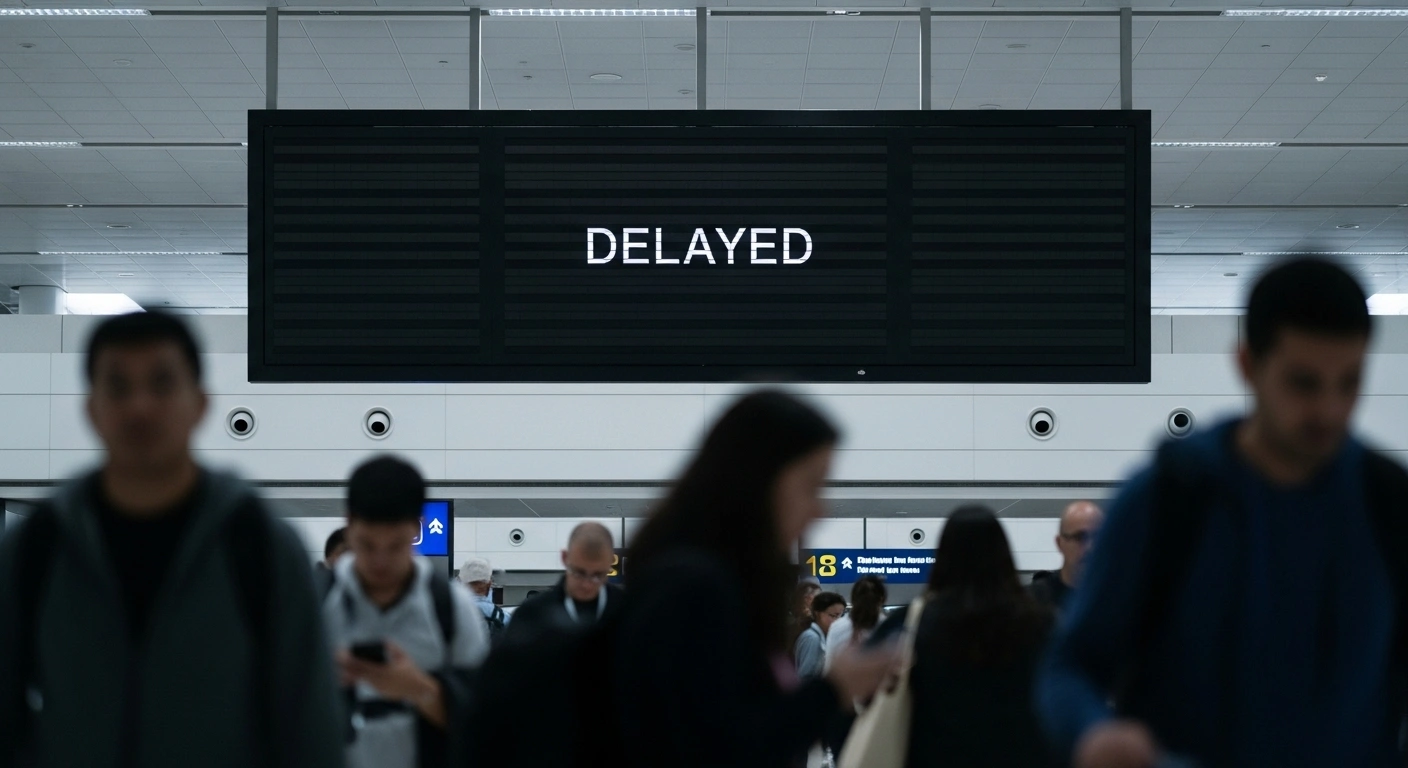A wide shot inside a Dallas airport terminal shows a large, dark departure board displaying no information, while blurred figures of passengers stand nearby, reflecting the significant flight delays and cancellations at Dallas Fort Worth International Airport and Dallas Love Field caused by a telecommunications equipment issue affecting air traffic control systems.