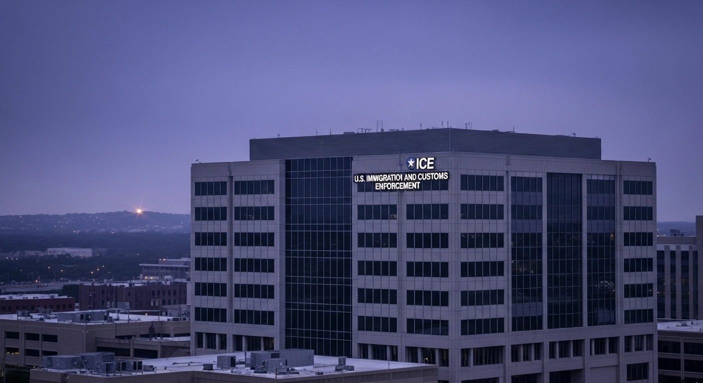 A modern U.S. Immigration and Customs Enforcement (ICE) office building in downtown Dallas stands under a bruised morning sky, with a distant rooftop glinting, symbolizing the location of a sniper who killed two detainees and injured one person before dying by suicide.