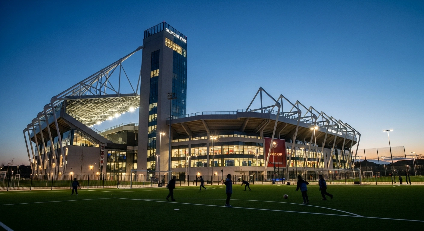 A low-angle, twilight view of the redeveloped Dalymount Park stadium, home to Bohemian FC, showcasing its modern illuminated facade and an adjacent community pitch, symbolizing the €63.7 million project approved by Dublin City Council.