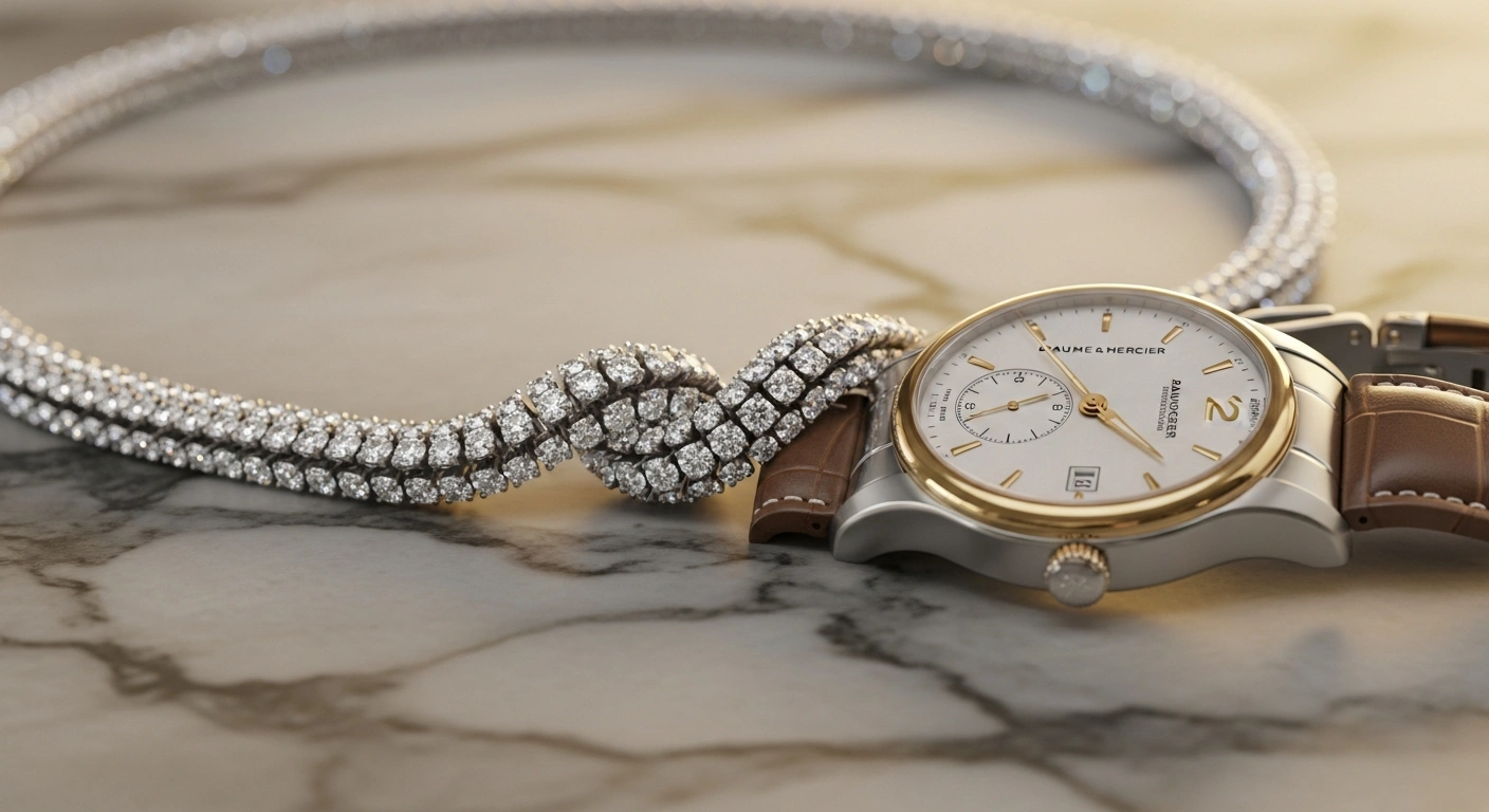 A close-up shot depicts a sparkling Damiani diamond necklace delicately intertwining with a classic Baume & Mercier watch, symbolizing Damiani's agreement to acquire the Swiss watch brand from Richemont.