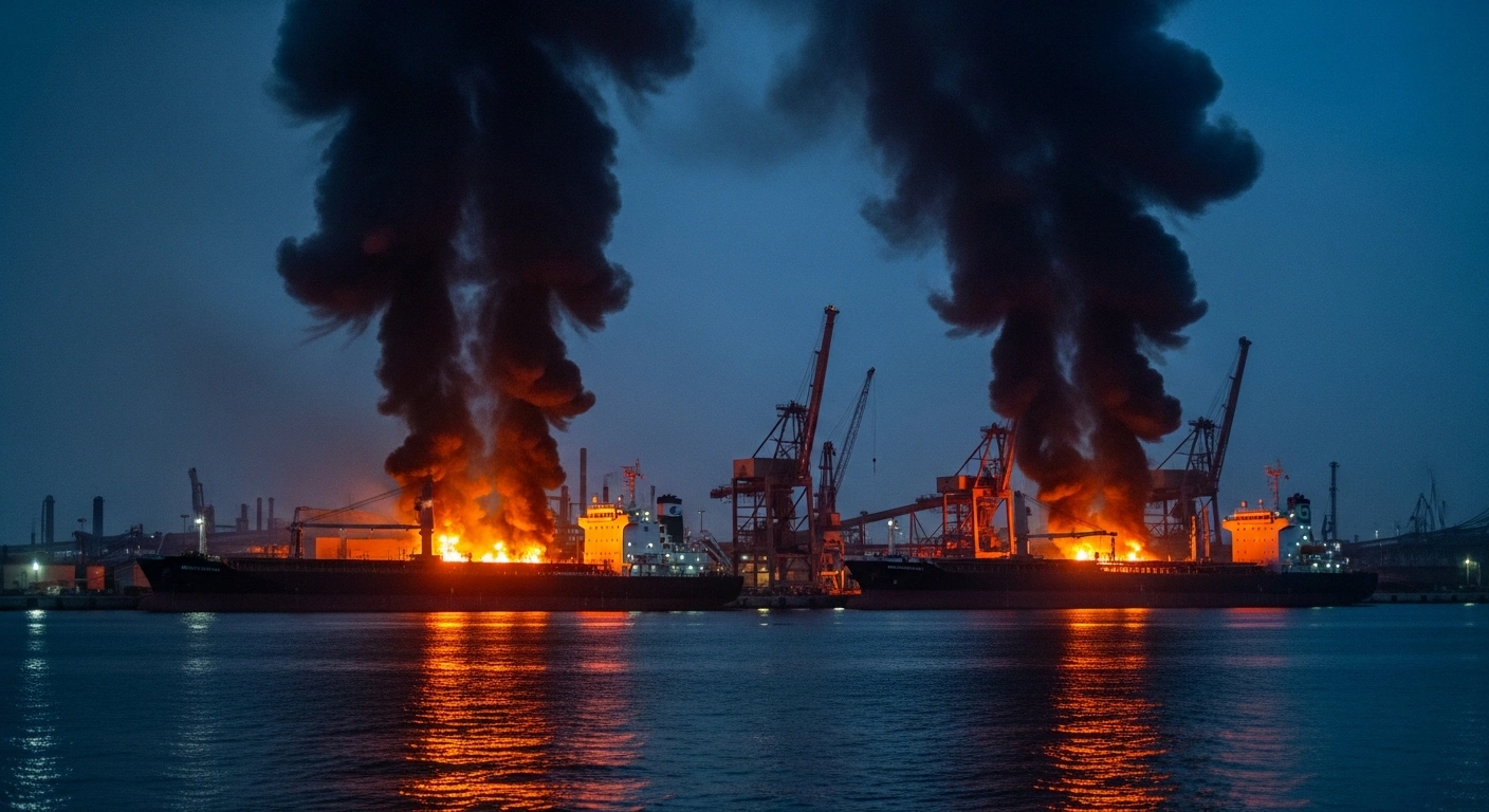 Smoke rises from two burning ships, including a floating storage and regasification unit, at Damietta Port following a drone-related incident.