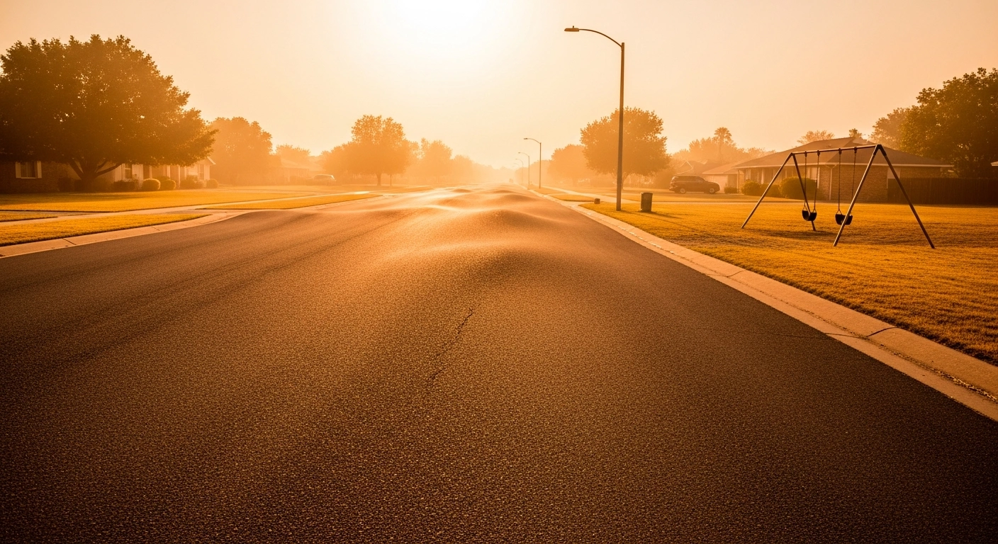 A shimmering heat haze rises from a dry, sun-baked suburban street during a dangerous late-summer heatwave in the United States.
