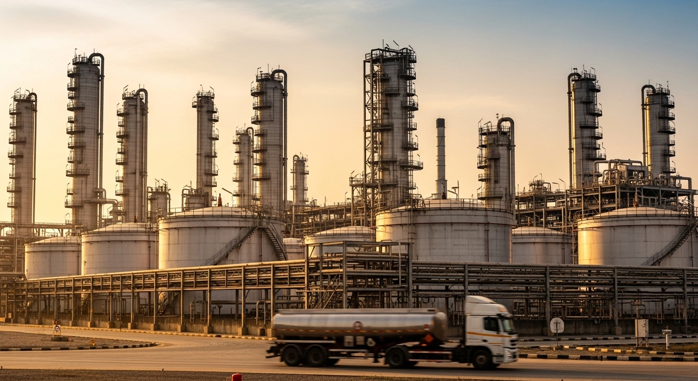 A wide-angle view of the Dangote Petroleum Refinery at sunset as a fuel tanker truck departs the facility after a reduction in fuel prices.