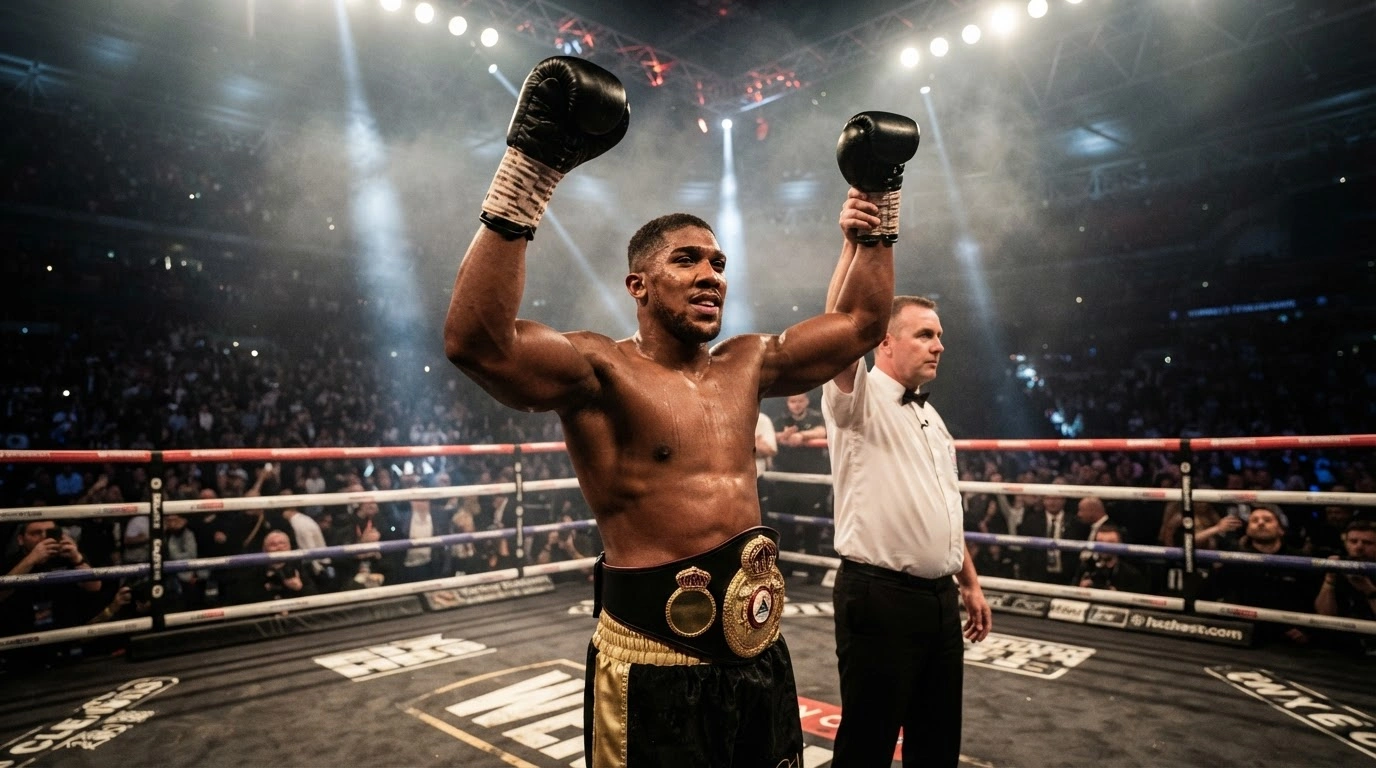 British heavyweight boxer Daniel Dubois stands victorious in the ring at Wembley Stadium after defeating Fabio Wardley.