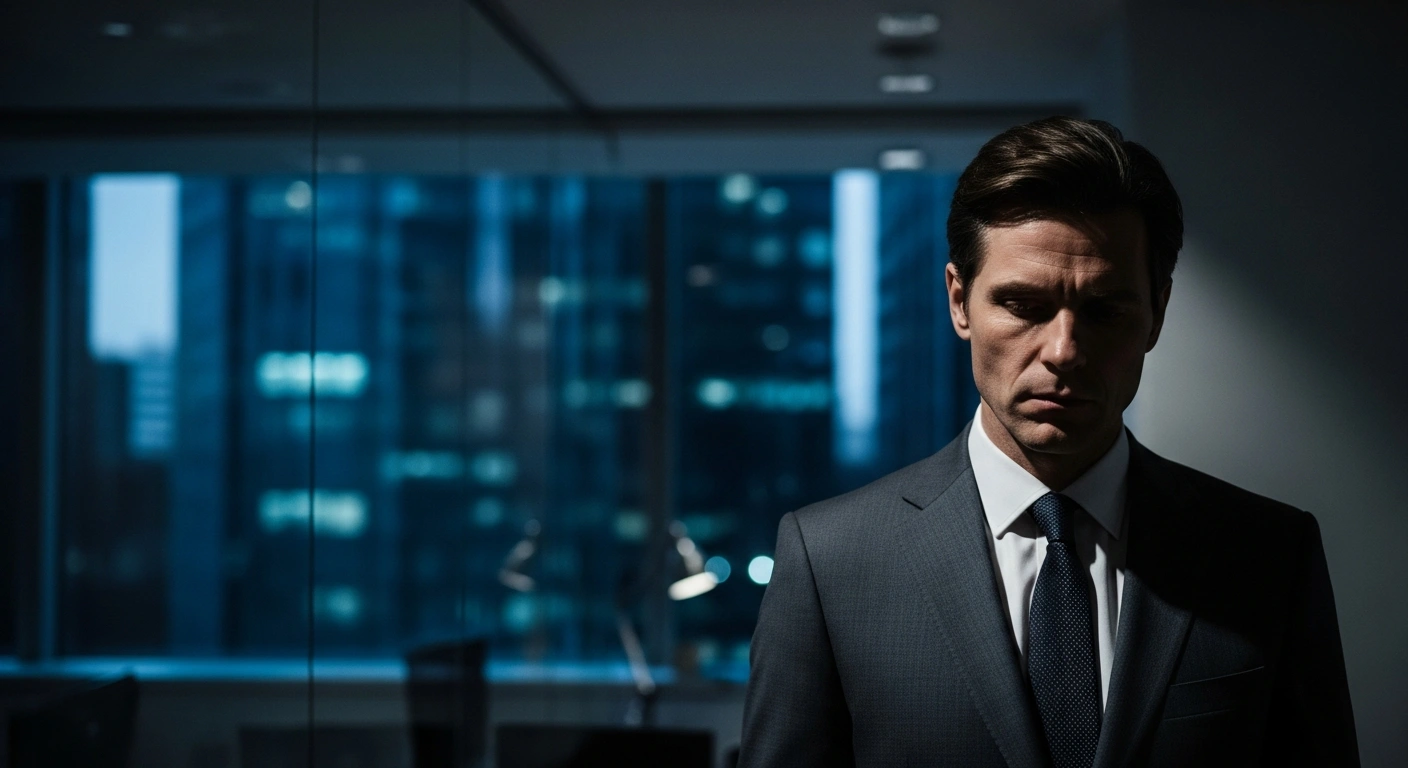 A man in a suit stands in a dark, modern office representing the legal negotiations of former banker Daniel Vorcaro regarding financial investigations.