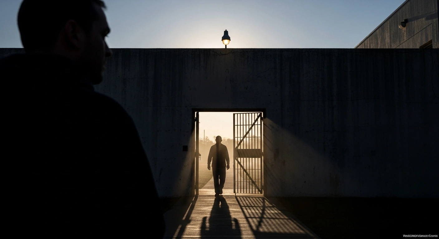 A lone figure, representing Daniel Edwin Wilson, a January 6th defendant pardoned by President Donald Trump for firearms offenses, steps out of a prison gate into the muted dawn, illuminated by harsh directional light, symbolizing his release.