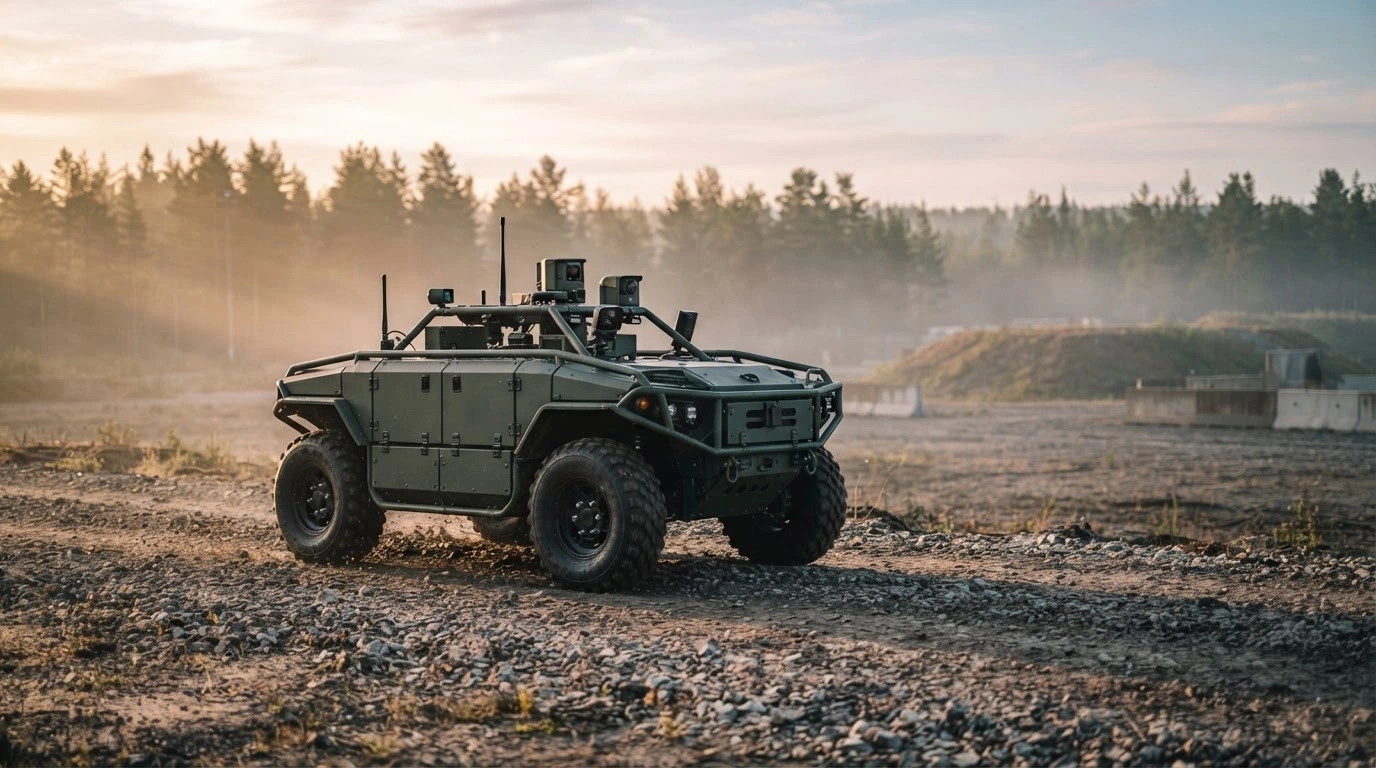 A Danish Armed Forces Dropla 4x4 unmanned ground vehicle maneuvers across a gravel training field during a military exercise.