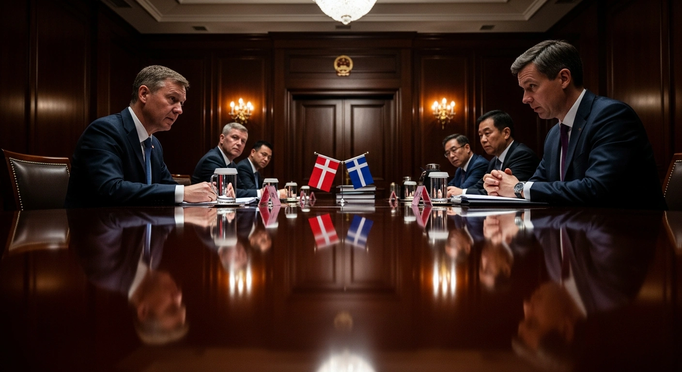 A tense meeting between Danish and Chinese officials in a dimly lit conference room in Beijing, discussing the anti-dumping investigation into EU pork imports and the resulting provisional tariffs.