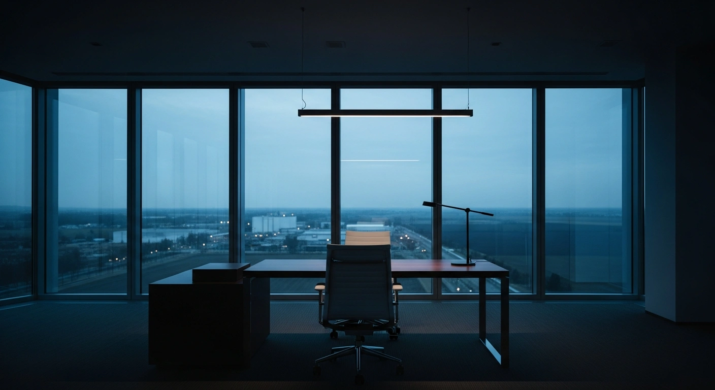 An empty office workstation overlooks a vast agricultural landscape, representing the corporate restructuring and staff reductions at Danish Crown.