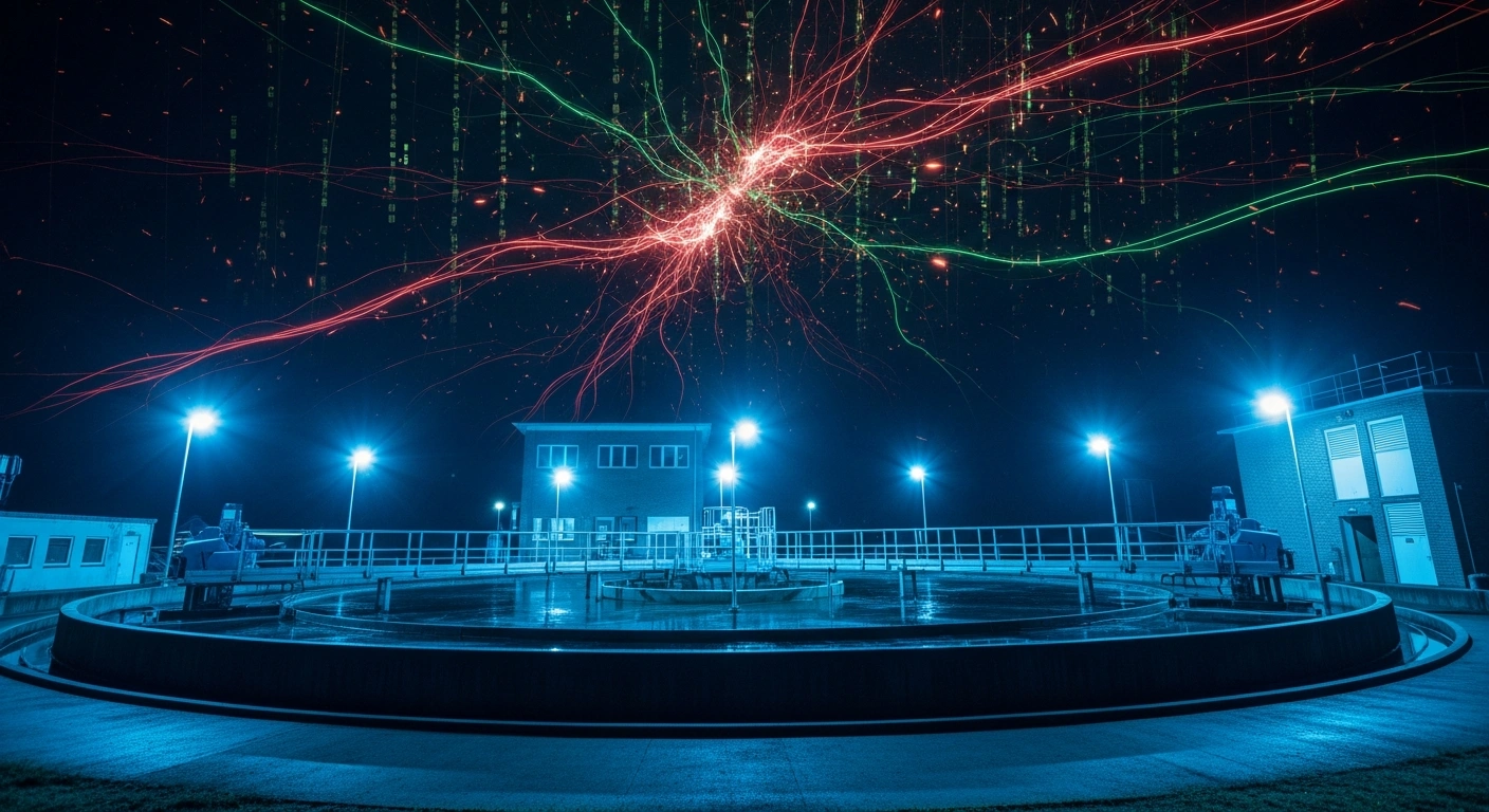 A dimly lit, industrial Danish water treatment plant is depicted under a cyberattack, with glowing digital data streams fracturing and sparking overhead, symbolizing the disruption and physical damage caused by pro-Russian groups as part of hybrid warfare tactics.