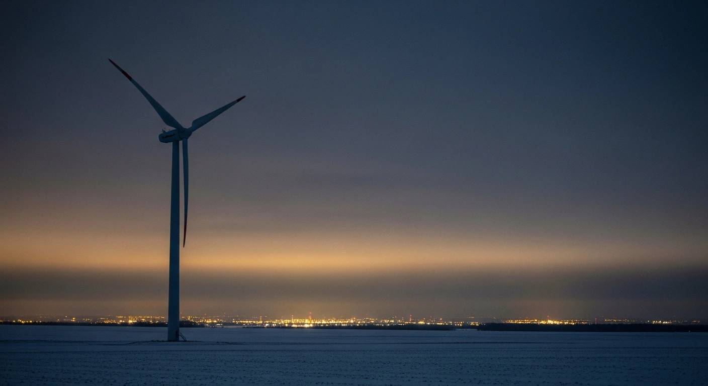 A solitary, motionless wind turbine stands against a dark, overcast winter sky, symbolizing the 'Dunkelflaute' weather event causing low wind and solar power production and projected electricity price increases in Denmark.