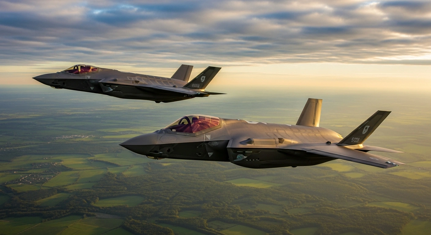 Two F-35 Lightning II fighter jets from the Royal Danish Air Force and Royal Netherlands Air Force fly in formation during a joint training exercise.
