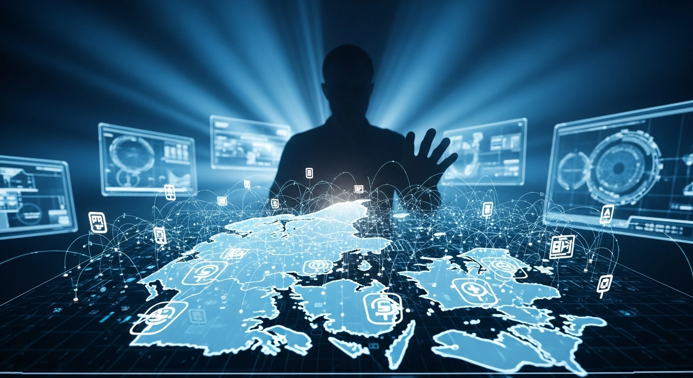 A shadowy figure manipulates glowing digital data over a holographic map of Denmark and Greenland in a dimly lit control room, symbolizing foreign interference, disinformation, and cyberattacks in the upcoming Danish parliamentary election, as warned by Danish intelligence services PET and FE, with concerns also involving the US and China.