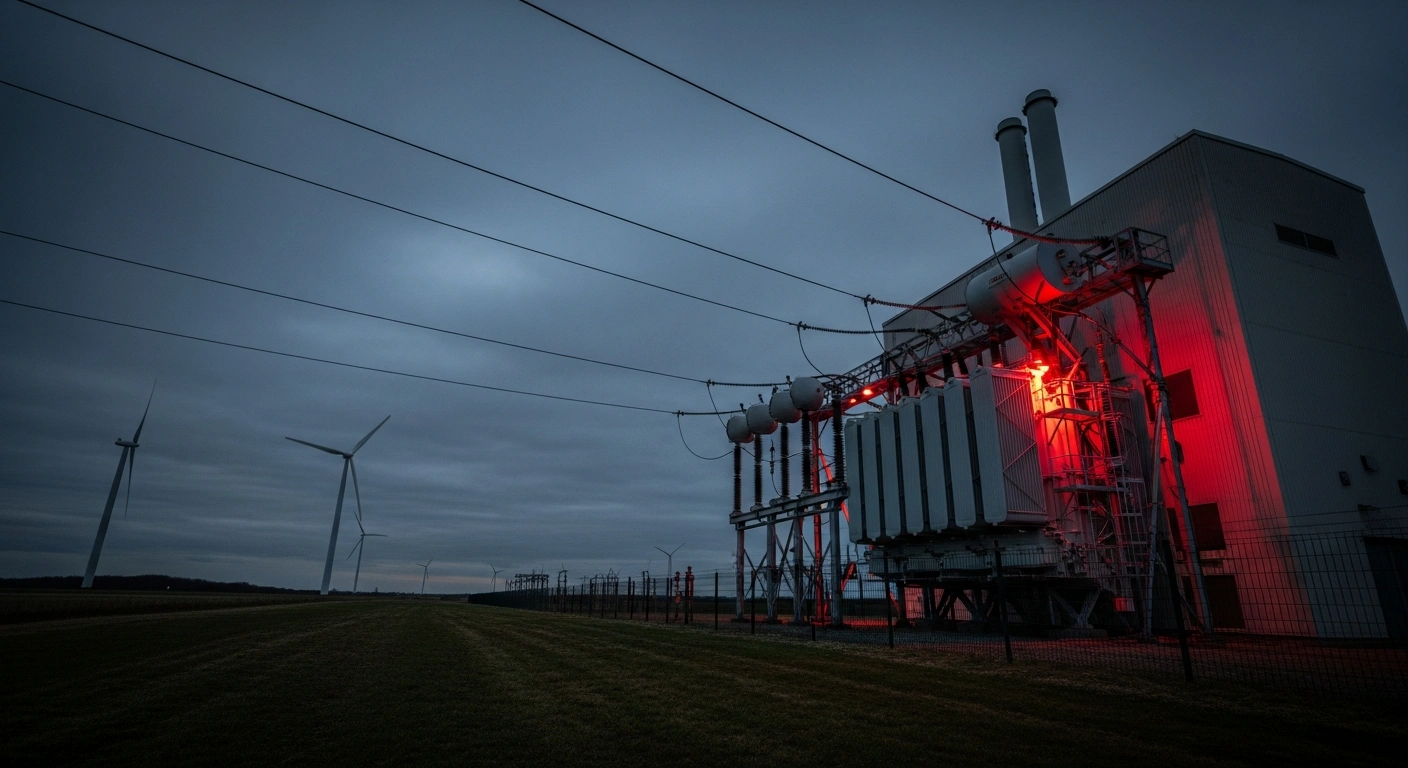 A large electrical transformer station in Eastern Denmark is depicted at dusk, with stationary wind turbines visible in the calm distance, illustrating the investigation into unusually high electricity prices peaking at nearly 10 DKK per kWh, attributed to reduced wind power output and a critical data error.