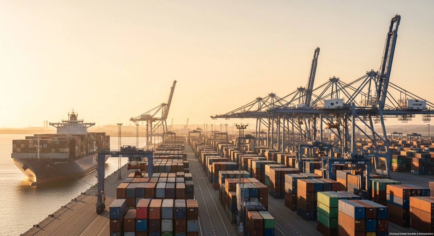 A busy Danish shipping port at sunset shows cargo containers and a large vessel, representing the recent growth in Danish exports.