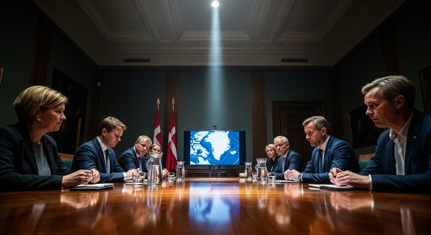 A low-angle shot shows the Danish Foreign Affairs Committee members seated around a mahogany table in a dimly lit conference room, their faces serious as they discuss safeguarding Denmark's sovereignty over Greenland amidst escalating tensions with the United States.