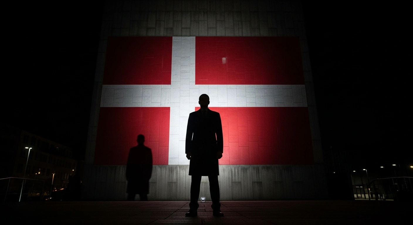 A low-angle shot features a solitary, imposing silhouette of a figure, representing unyielding authority, standing before a stark, brutalist architectural wall subtly etched with the Danish flag, symbolizing the Danish government's introduction of stricter penalties for honor-related offenses and negative social control.