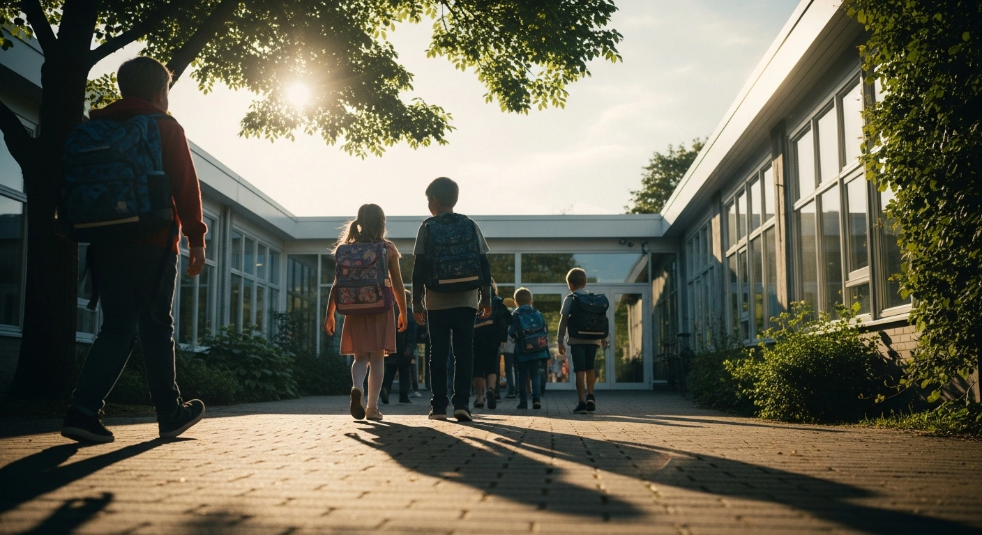 Danish students walk toward their school building on the first day of the new academic year in August.