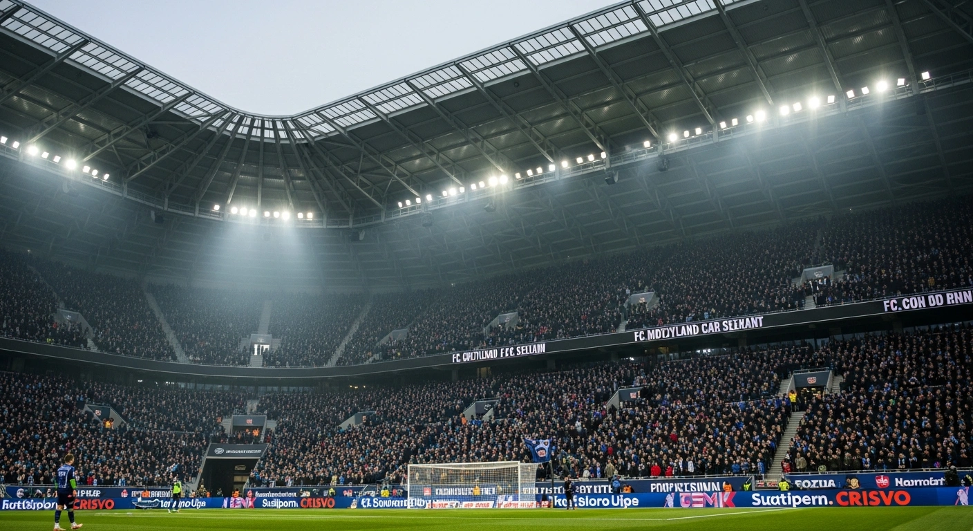A wide, low-angle view captures the recently expanded MCH Arena stadium, filled to capacity with a large, excited crowd anticipating the highly demanded Danish Superliga match between FC Midtjylland and F.C. København on February 8, 2026.