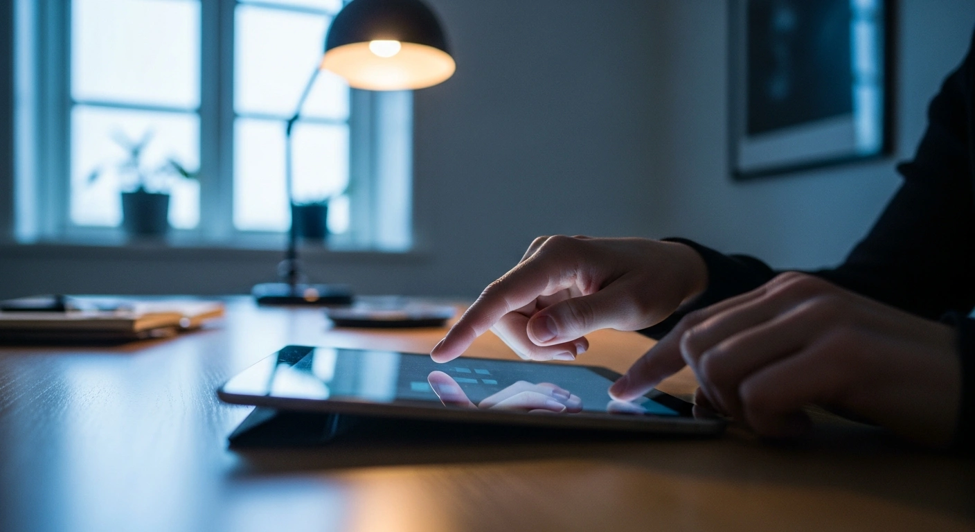 A person uses a tablet to check their annual tax return on the official Danish tax portal.