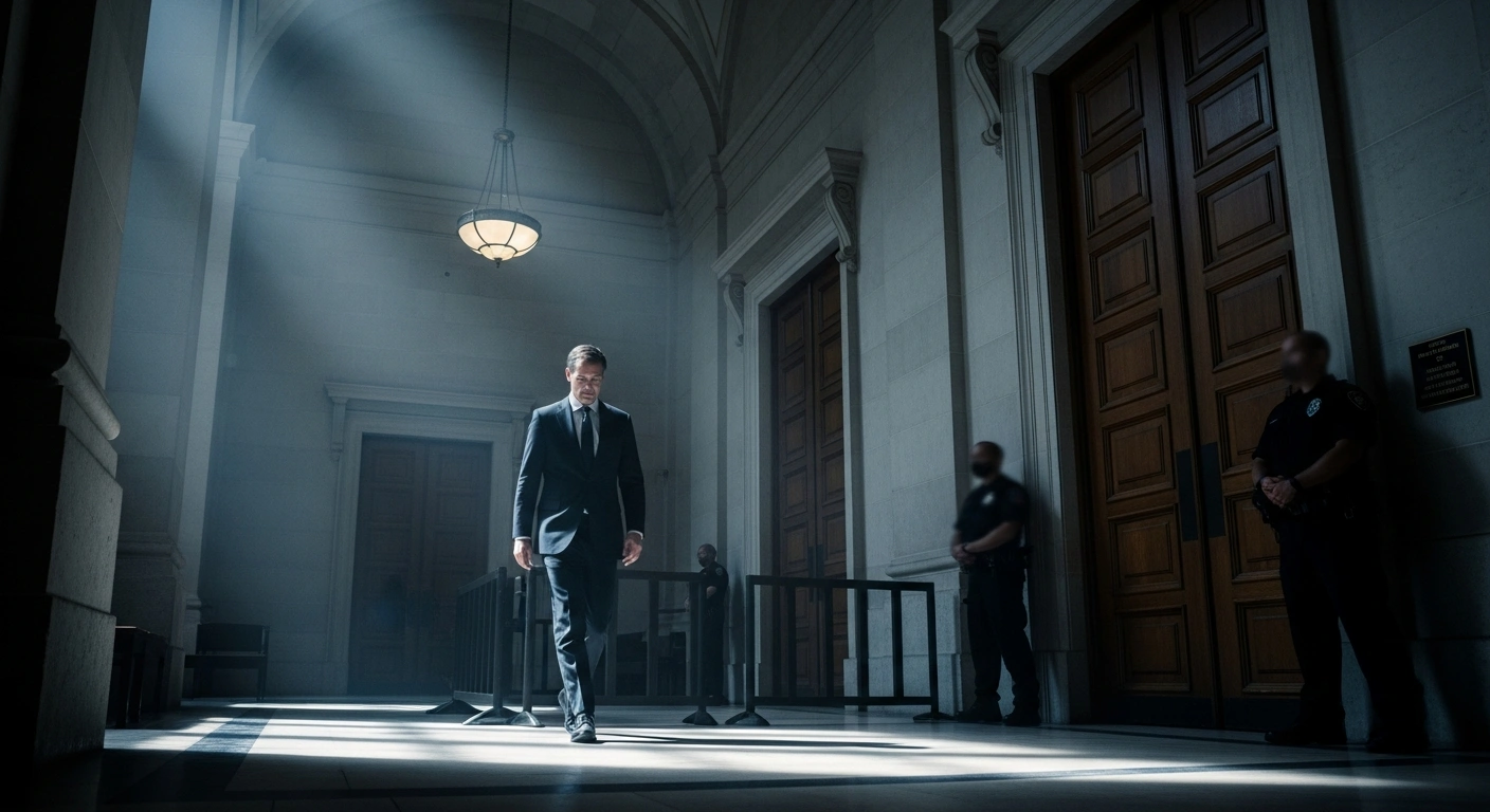 A somber man in a suit walks through a courthouse corridor as he is escorted to the Kuje Correctional Centre following corruption charges.