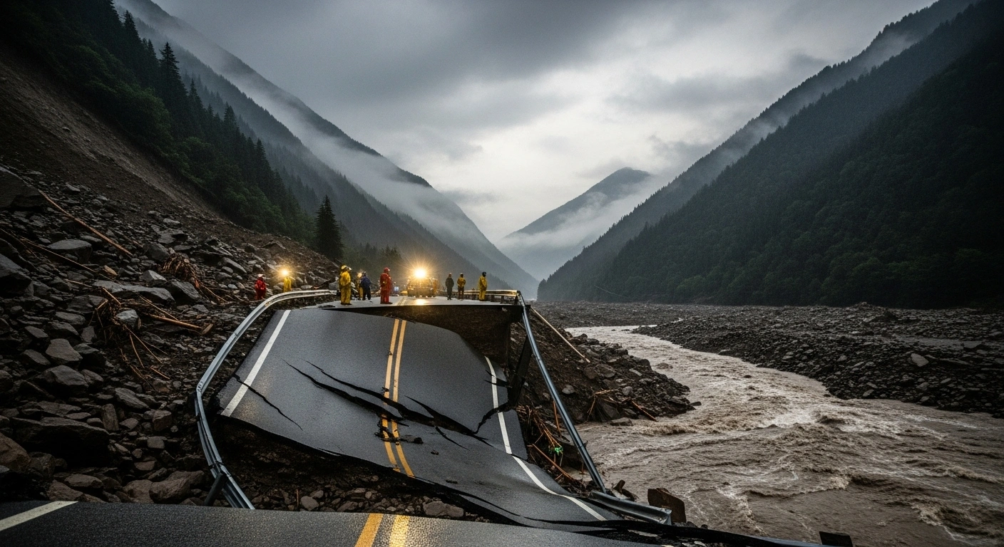 A wide, low-angle shot depicts the devastating aftermath of a landslide in a rain-soaked mountainous region of West Bengal, showing a collapsed road and bridge section leading into a muddy river, with rescue workers in bright rain gear navigating the debris under a dim, overcast sky.