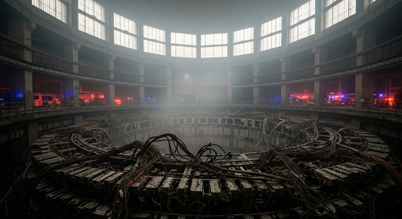 A wide, low-angle view inside the GSI Helmholtzzentrum in Darmstadt, Germany, showing a section of a particle accelerator ring severely damaged by fire, with smoke filling the air and emergency lights reflecting off the charred equipment, indicating the postponement of the FAIR project.