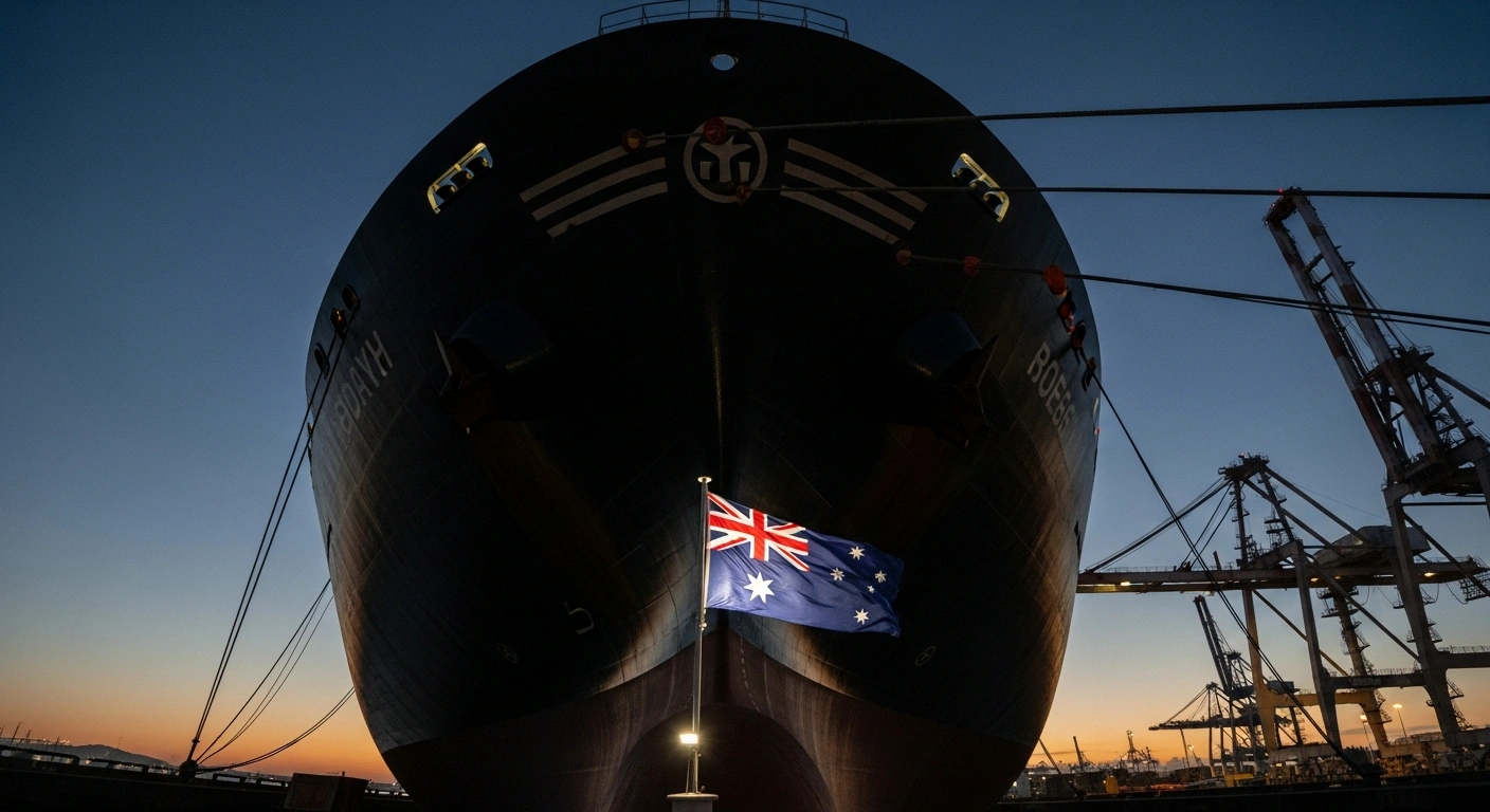 A wide-angle, low-shot photograph shows a large, dark cargo ship docked at an industrial port at twilight, with a spotlight illuminating a slightly tattered Australian flag in the mid-ground, symbolizing the national security debate surrounding the Darwin Port lease to China's Landbridge Group and calls for its return to domestic control.