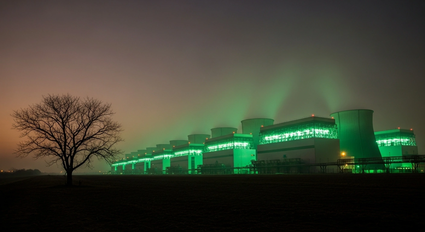 A vast, monolithic data center with cooling towers emitting vapor under a twilight sky, illustrating the significant energy consumption, greenhouse gas emissions, and vast water usage that environmental groups are concerned about, leading to calls for a moratorium on new construction.
